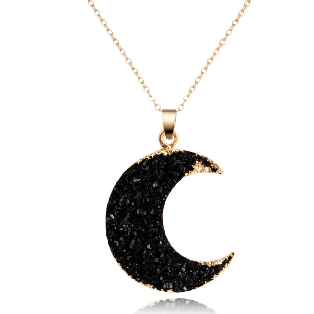 Black faux Druzy Moon Pendant gold plated Necklace